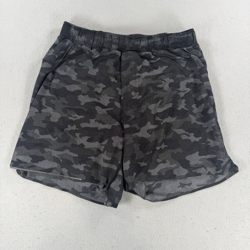 Lululemon Mens Camo Athletic Shorts Gray Black Elastic Waist Pocket Size S